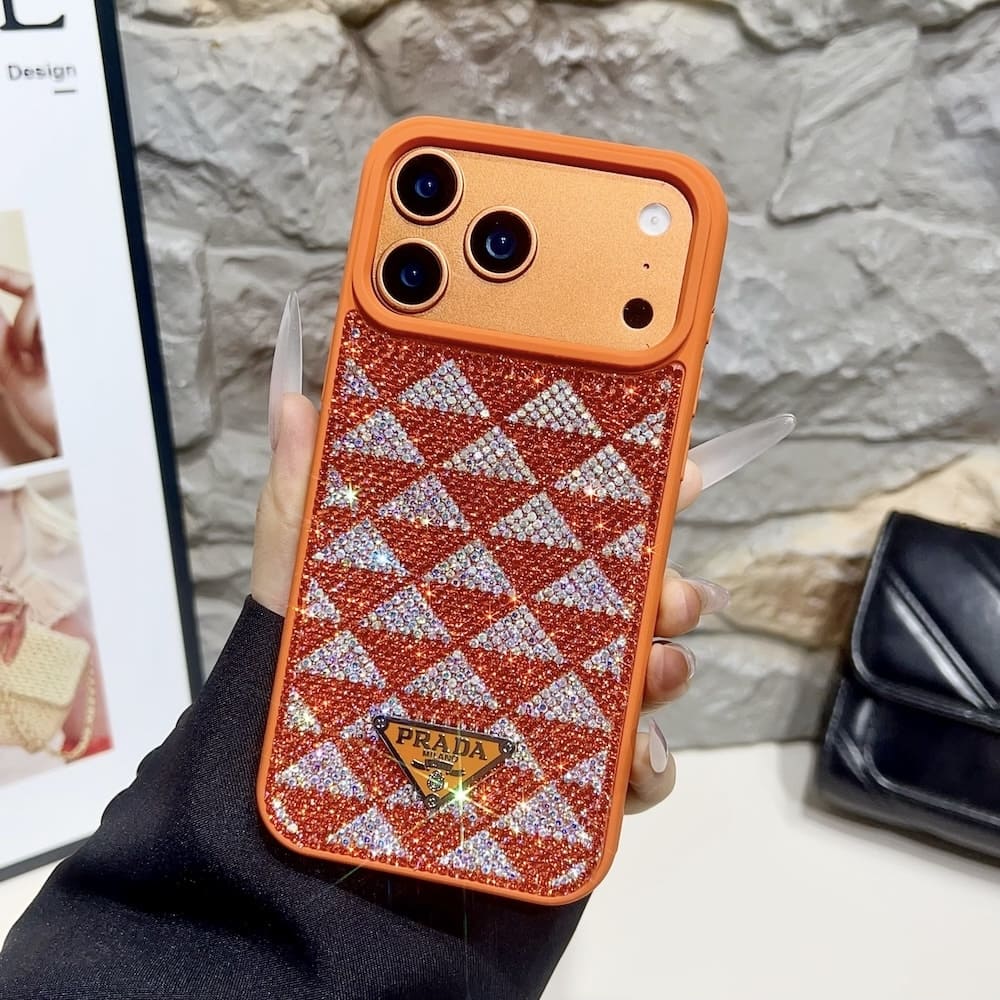 funda prada iphone naranja diamantes